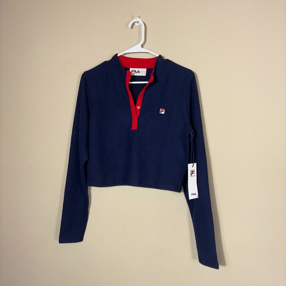 Fila Navy Cropped Long Sleeve Top with Red Collar Detail - Size Medium